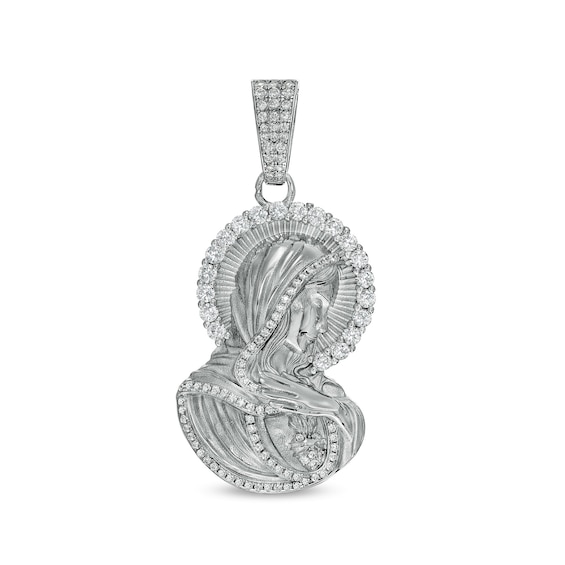 Cubic Zirconia Virgin Mary Profile Necklace Charm in Sterling Silver