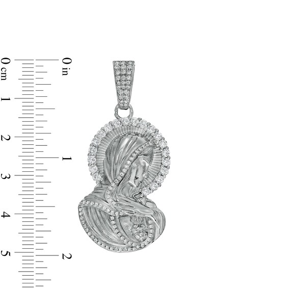 Cubic Zirconia Virgin Mary Profile Necklace Charm in Sterling Silver