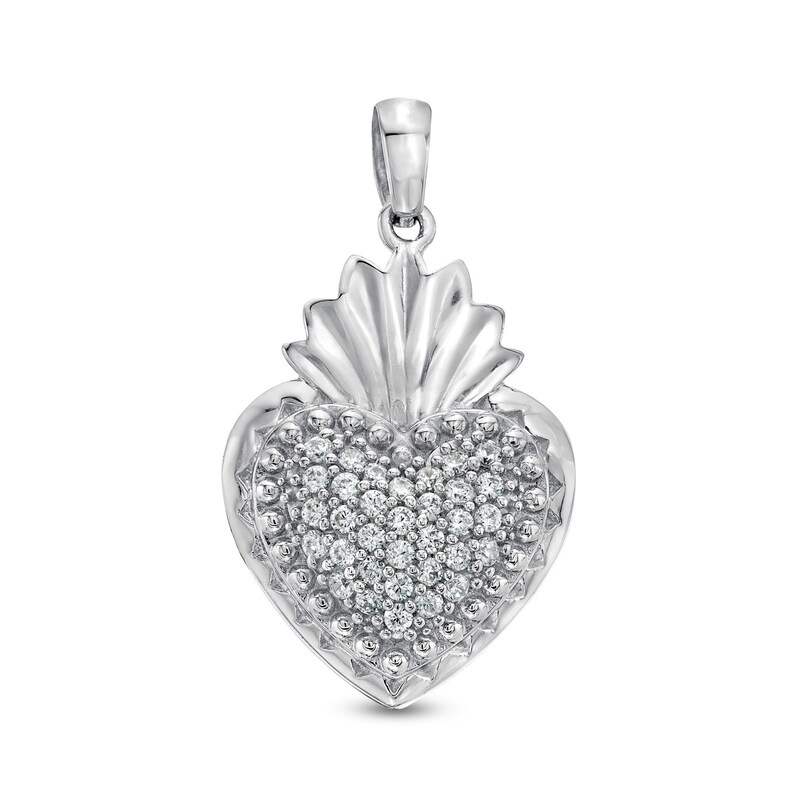 Cubic Zirconia Sacred Heart Necklace Charm in Sterling Silver