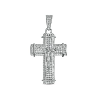 Solid Sterling Silver CZ Rope-Textured Ends Crucifix Necklace Charm