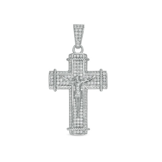 Solid Sterling Silver CZ Rope-Textured Ends Crucifix Necklace Charm