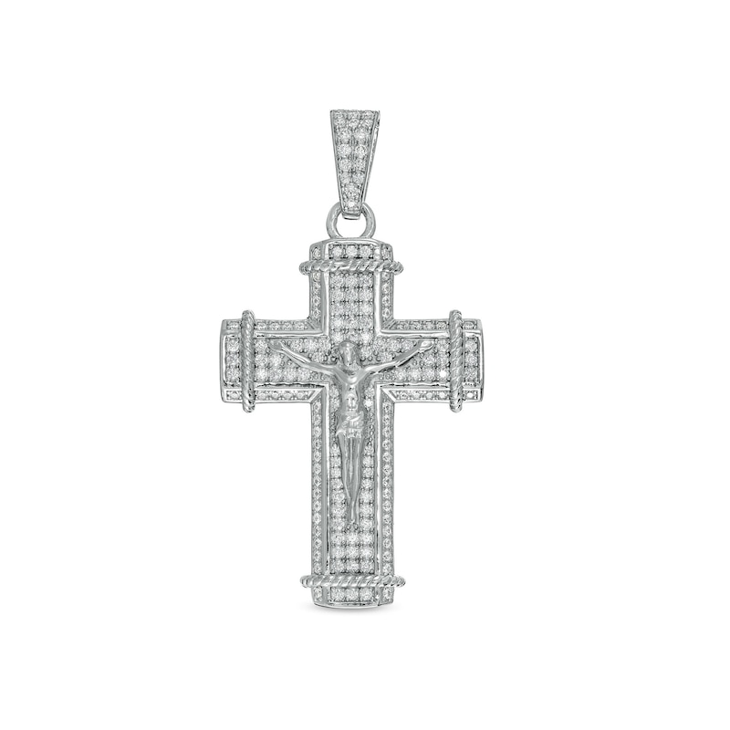 Solid Sterling Silver CZ Rope-Textured Ends Crucifix Necklace Charm