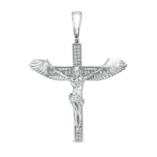 Cubic Zirconia Large Crucifix with Wings Necklace Charm in Sterling Silver