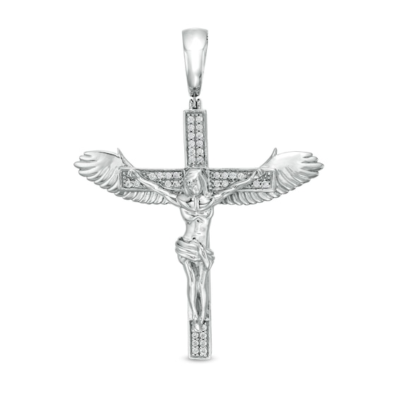 Cubic Zirconia Large Crucifix with Wings Necklace Charm in Sterling Silver