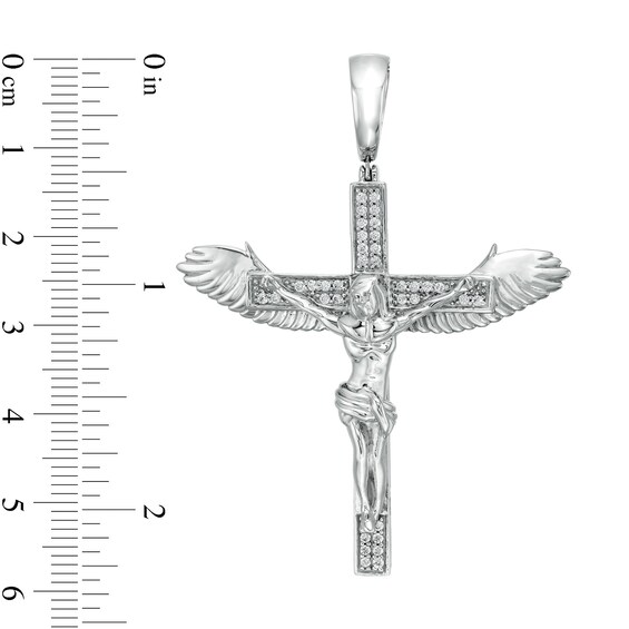 Cubic Zirconia Large Crucifix with Wings Necklace Charm in Sterling Silver