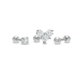 018 Gauge 3mm Cubic Zirconia Solitaire, Chevron and Ball Cartilage Barbell Set in Stainless Steel and Brass