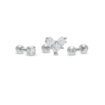 018 Gauge 3mm Cubic Zirconia Solitaire, Chevron and Ball Cartilage Barbell Set in Stainless Steel and Brass