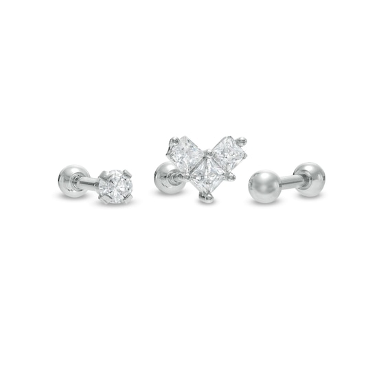 018 Gauge 3mm Cubic Zirconia Solitaire, Chevron and Ball Cartilage Barbell Set in Stainless Steel and Brass