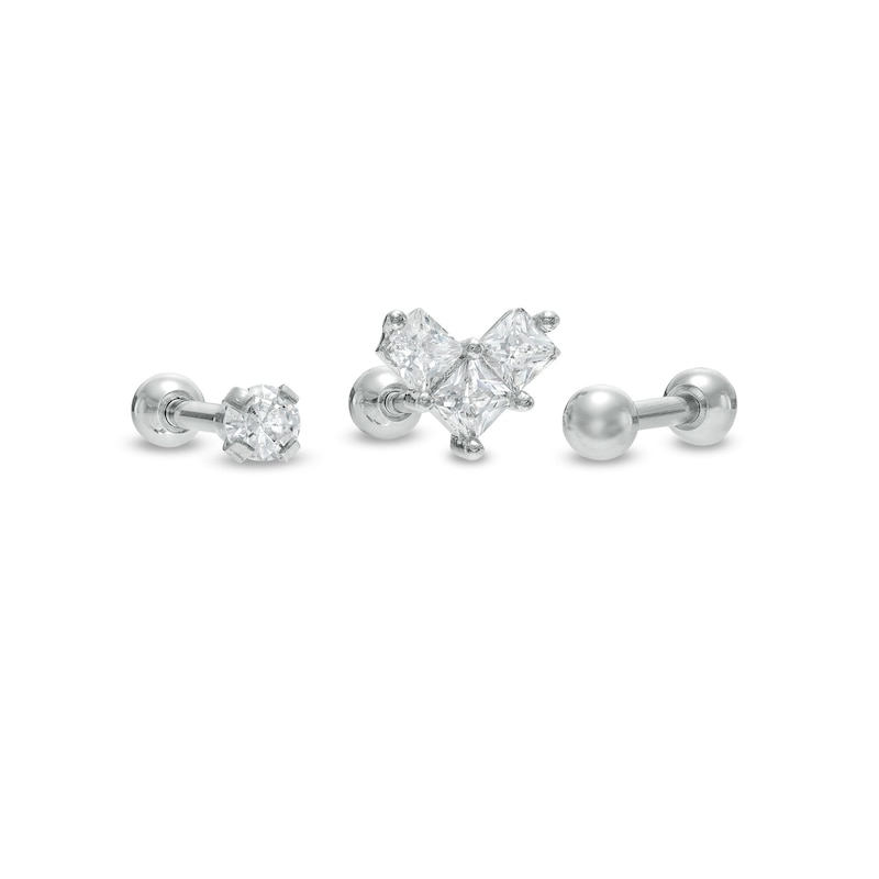018 Gauge 3mm Cubic Zirconia Solitaire, Chevron and Ball Cartilage Barbell Set in Stainless Steel and Brass