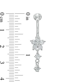 014 Gauge Cubic Zirconia Double Dangle Flower Belly Button Ring in Solid Stainless Steel and Brass