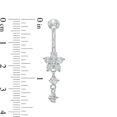 014 Gauge Cubic Zirconia Double Dangle Flower Belly Button Ring in Solid Stainless Steel and Brass