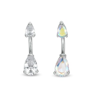 014 Gauge Pear-Shaped Iridescent and White Cubic Zirconia Belly Button Ring Set in Stainless Steel and Brass