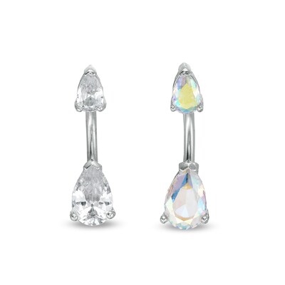 014 Gauge Pear-Shaped Iridescent and White Cubic Zirconia Belly Button Ring Set in Stainless Steel and Brass