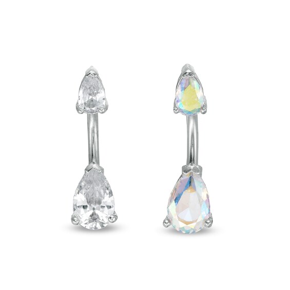 014 Gauge Pear-Shaped Iridescent and White Cubic Zirconia Belly Button Ring Set in Stainless Steel and Brass