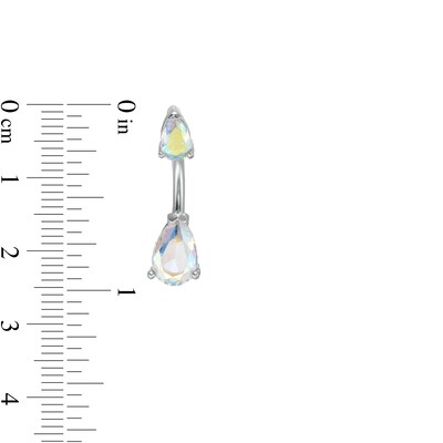 014 Gauge Pear-Shaped Iridescent and White Cubic Zirconia Belly Button Ring Set in Stainless Steel and Brass