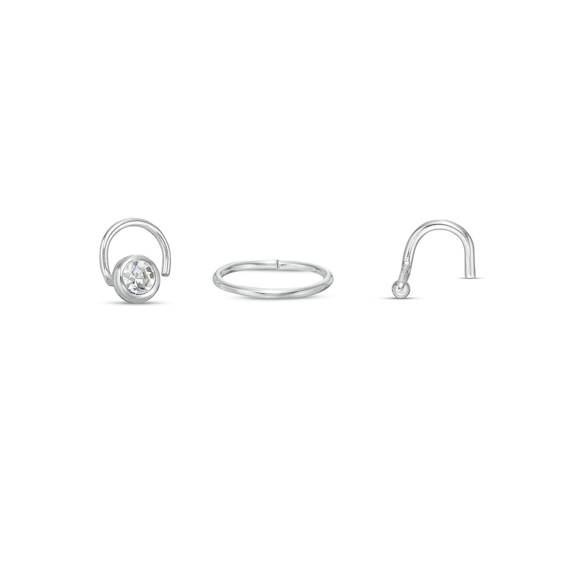 Semi-Solid Sterling Silver Crystal Solitaire, Hoop and Ball Nose Stud and Ring Set - 20G