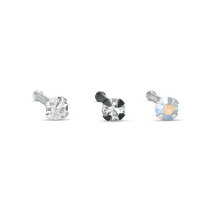 020 Gauge Iridescent and White Cubic Zirconia Solitaire Nose Stud Set in Sterling Silver and Black IP