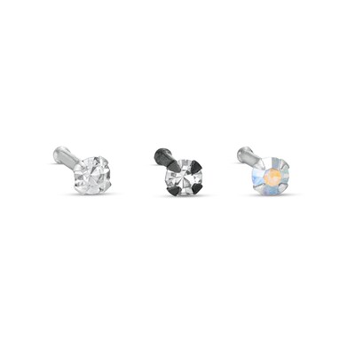 020 Gauge Iridescent and White Cubic Zirconia Solitaire Nose Stud Set in Sterling Silver and Black IP