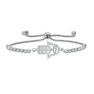 Made in Italy Cubic Zirconia Sideways Open Hamsa with Evil Eye Beaded Bolo Bracelet in Sterling Silver - 9.25"