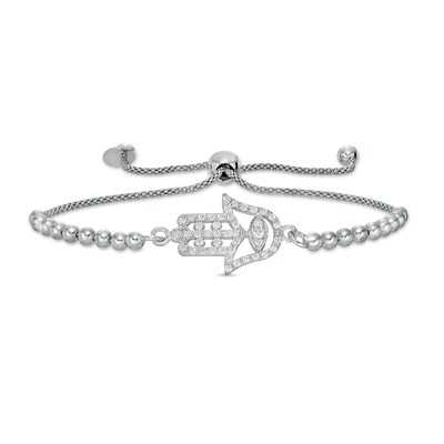 Made in Italy Cubic Zirconia Sideways Open Hamsa with Evil Eye Beaded Bolo Bracelet in Sterling Silver - 9.25"
