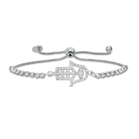Made in Italy Cubic Zirconia Sideways Open Hamsa with Evil Eye Beaded Bolo Bracelet in Sterling Silver - 9.25"