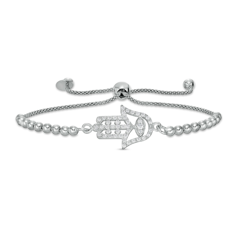 Made in Italy Cubic Zirconia Sideways Open Hamsa with Evil Eye Beaded Bolo Bracelet in Sterling Silver - 9.25"