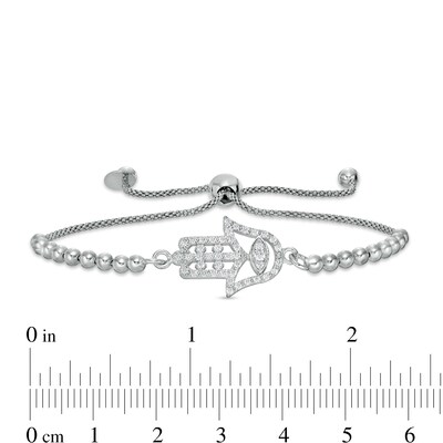 Made in Italy Cubic Zirconia Sideways Open Hamsa with Evil Eye Beaded Bolo Bracelet in Sterling Silver - 9.25"