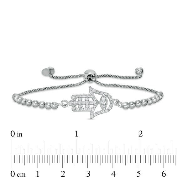 Made in Italy Cubic Zirconia Sideways Open Hamsa with Evil Eye Beaded Bolo Bracelet in Sterling Silver - 9.25"