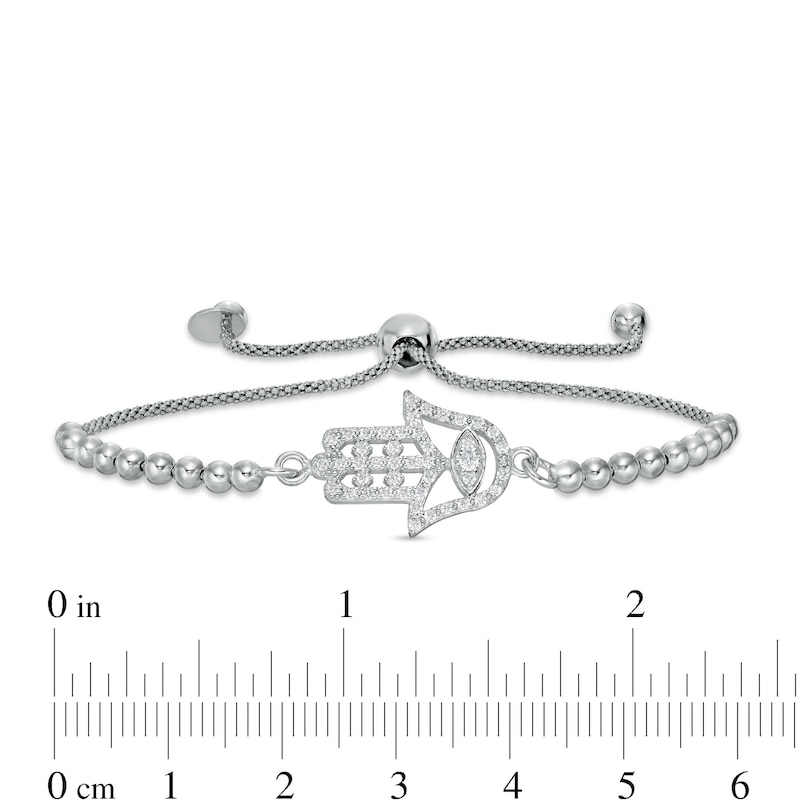 Made in Italy Cubic Zirconia Sideways Open Hamsa with Evil Eye Beaded Bolo Bracelet in Sterling Silver - 9.25"