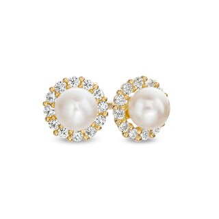 Child's 3mm Freshwater Cultured Pearl and Cubic Zirconia Frame Stud Earrings in 14K Gold