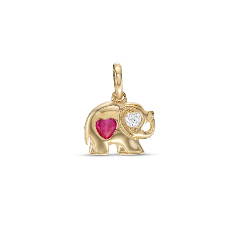 Child's 3mm Heart-Shaped Red and Round White Cubic Zirconia Elephant Necklace Charm in 10K Gold