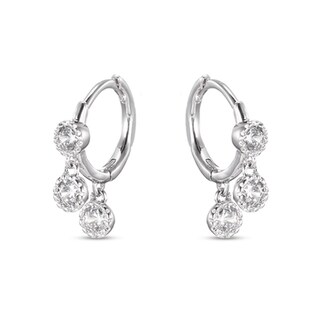 3mm Cubic Zirconia Three Stone Dangle Huggie Hoop Earrings in Sterling Silver