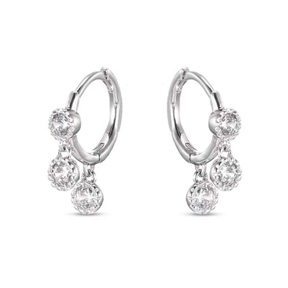 3mm Cubic Zirconia Three Stone Dangle Huggie Hoop Earrings in Sterling Silver