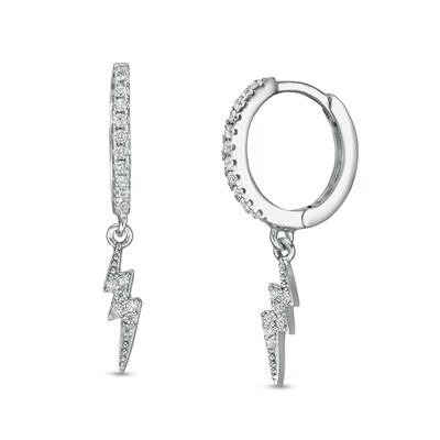 Solid Sterling Silver CZ Lightning Bolt Dangle Huggies