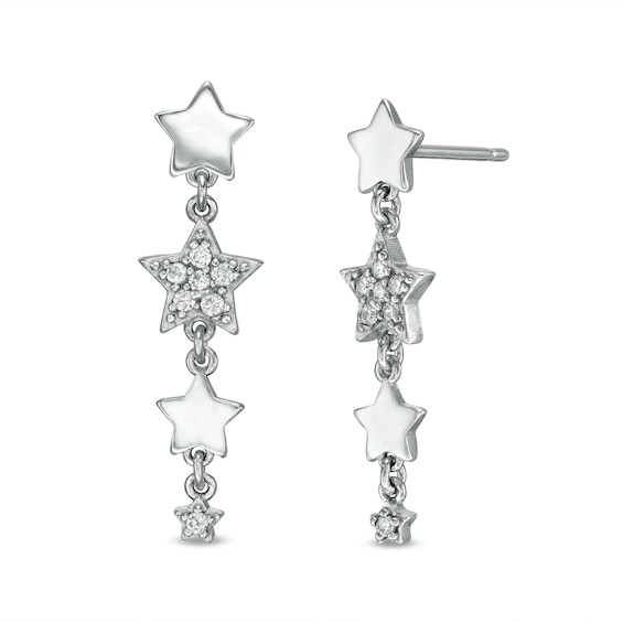 Cubic Zirconia Four Star Drop Earrings in Sterling Silver