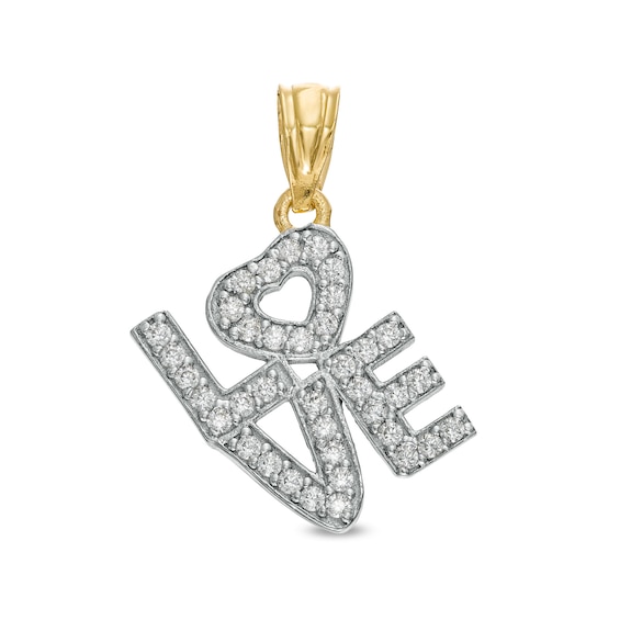 Cubic Zirconia Tilted Stacked "LOVE" with Heart Accent Two-Tone Necklace Charm in 10K Gold