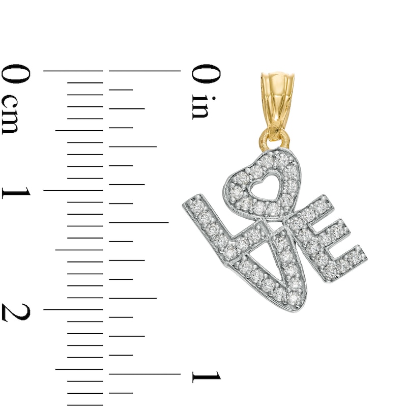 Main Image 2 of Cubic Zirconia Tilted Stacked "LOVE" with Heart Accent Two-Tone Necklace Charm in 10K Gold