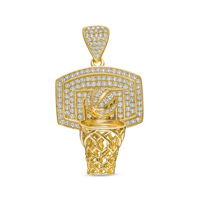 Cubic Zirconia Basketball with Hoop and Backboard Necklace Charm in 10K Gold