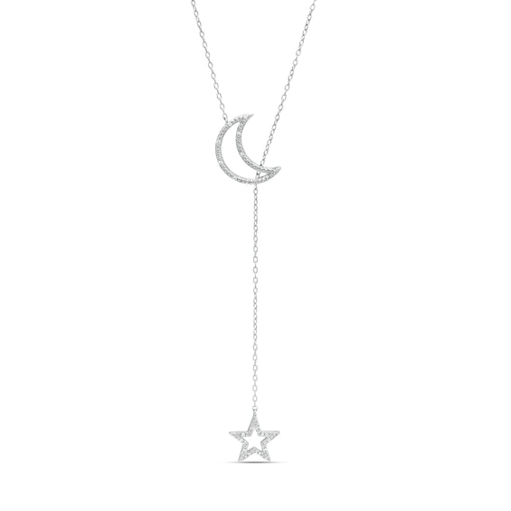 Sterling Silver 1/20 CT. T.W. Diamond Beaded Crescent Moon and Star Outline Lariat Pendant Necklace - 16" + 2"