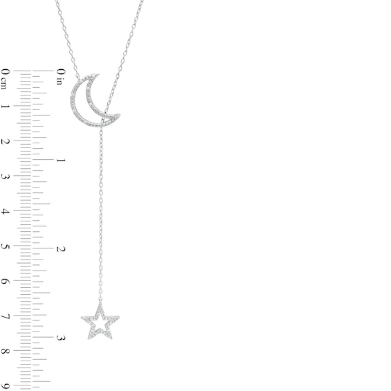 Sterling Silver 1/20 CT. T.W. Diamond Beaded Crescent Moon and Star Outline Lariat Pendant Necklace - 16" + 2"