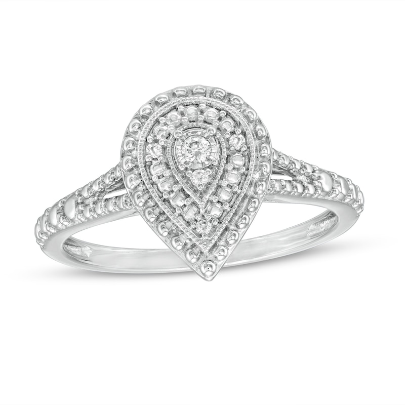 Main Image 1 of 1/20 CT. T.W. Pear-Shaped Composite Diamond Beaded Double Frame Vintage-Style Promise Ring in Sterling Silver