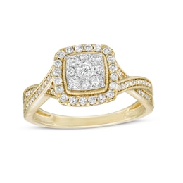 1/2 CT. T.W. Cushion Composite Diamond Frame Twist Shank Vintage-Style Engagement Ring in 10K Gold