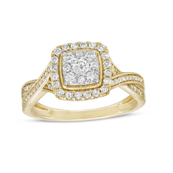 1/2 CT. T.W. Cushion Composite Diamond Frame Twist Shank Vintage-Style Engagement Ring in 10K Gold