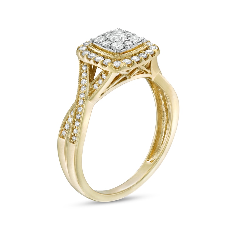 1/2 CT. T.W. Cushion Composite Diamond Frame Twist Shank Vintage-Style Engagement Ring in 10K Gold