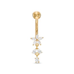 014 Gauge Multi-Shaped Cubic Zirconia Dangle Flower Belly Button Ring in Solid 10K Gold
