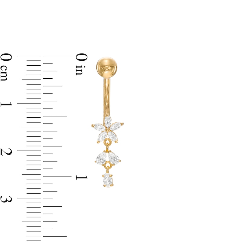 014 Gauge Multi-Shaped Cubic Zirconia Dangle Flower Belly Button Ring in Solid 10K Gold