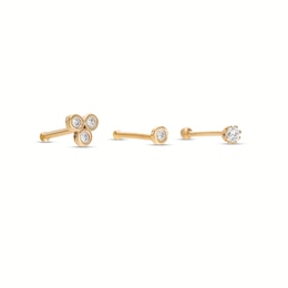 14K Solid Gold CZ Solitaire and Trio Nose Stud Set - 20G