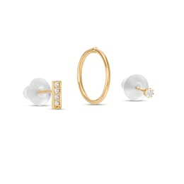 020 Gauge Cubic Zirconia Solitaire, Captive Bead Hoop and Bar Nose Stud and Ring Set in 14K Semi-Solid Gold