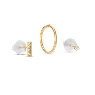 14K Semi-Solid Gold CZ Solitaire, Captive Bead Hoop, and Bar Nose Stud and Ring Set - 20G