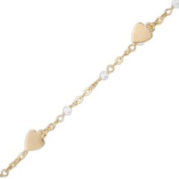 Made in Italy Crystal Bead and Mirror Hearts Dangle Station Anklet in 10K Solid Gold - 10&quot;